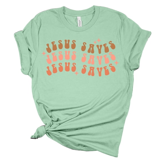 Jesus Saves Retro Unisex Ladies Design Christian T-shirt Graphic Tee-Mint-medium