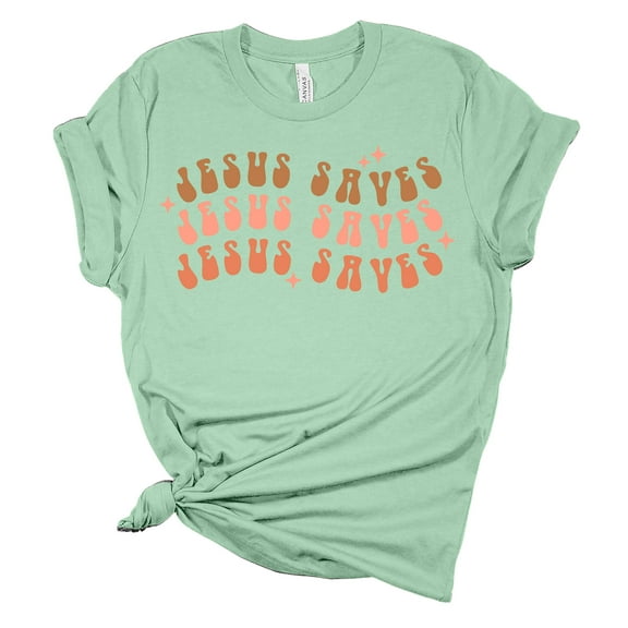 Jesus Saves Retro Unisex Ladies Design Christian T-shirt Graphic Tee-Mint-xl