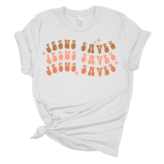 Jesus Saves Retro Unisex Ladies Design Christian T-shirt Graphic Tee-White-medium