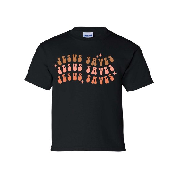 Jesus Saves Retro Youth Kids Christian T-shirt Graphic Tee Graphic Tee-Black-large
