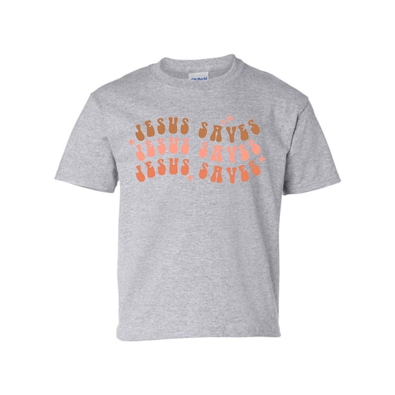 Jesus Saves Retro Youth Kids Christian T-shirt Graphic Tee Graphic Tee-Sports Grey-xl