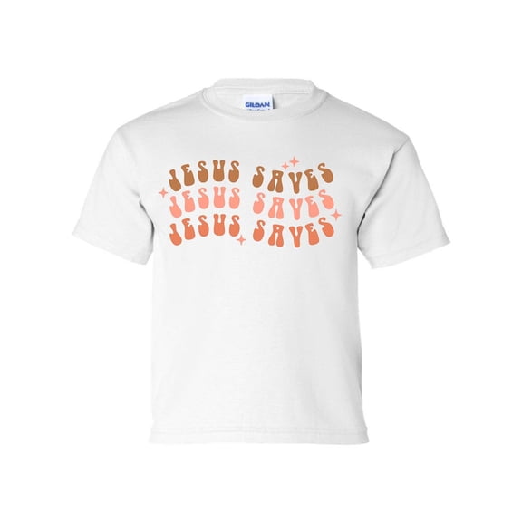 Jesus Saves Retro Youth Kids Christian T-shirt Graphic Tee Graphic Tee-White-large