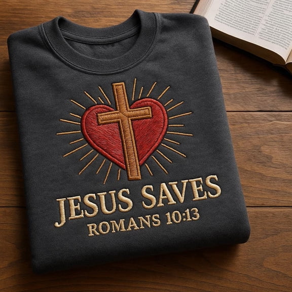 Jesus Saves Romans 10:13 Embroidered Sweatshirt, Christian Heart Cross Sweater, Religious Bible Verse Crewneck, Faith Gift, God is Love