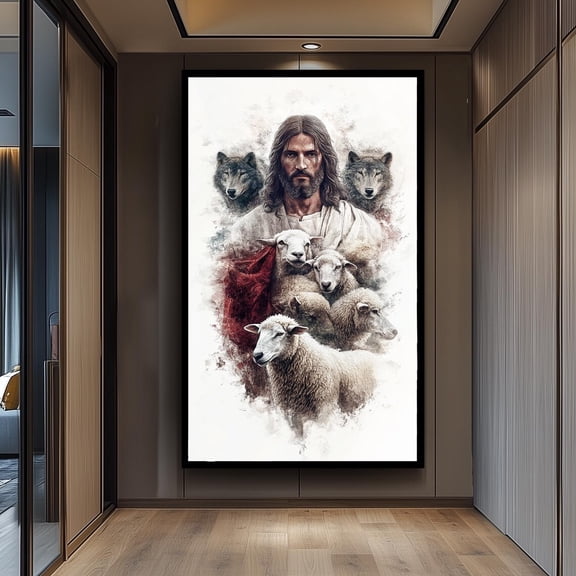 Jesus Sheep And Wolves Christian Art Good Shepherd Religious Print, Unframed Paper Poster 8x10in
