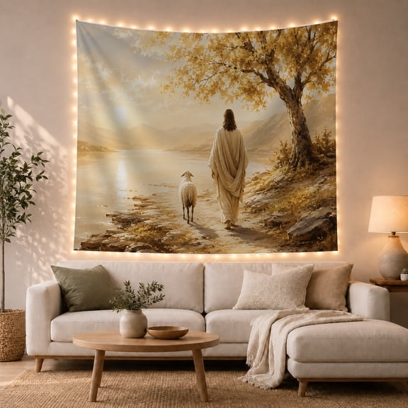 Jesus and Sheep in Golden Autumn Landscape, Serene Illustration for Christian Fans, Spiritual Art Decor, Thanksgiving Gift, Tapestry Wall Hanging for Living Room and Bedroom