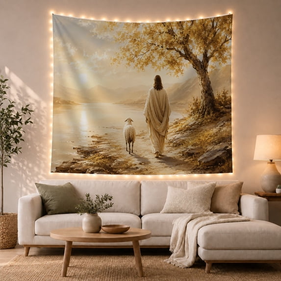 Jesus and Sheep in Golden Autumn Landscape, Serene Illustration for Christian Fans, Spiritual Art Decor, Thanksgiving Gift, Tapestry Wall Hanging for Living Room and Bedroom