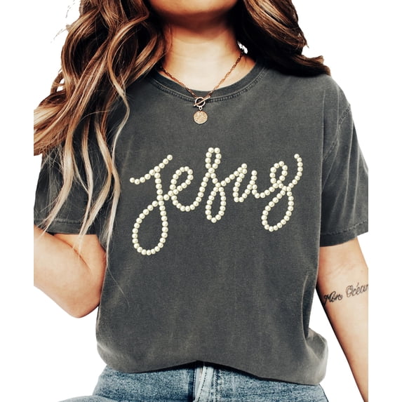 Jesus Shirt for Women - Pearl Script Christian Faith Graphic Tee Pepper Shirt Adult Small