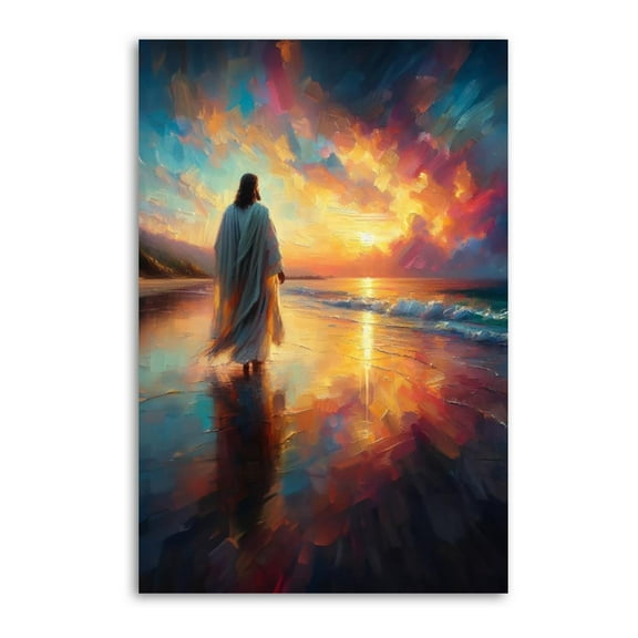 Jesus on The Shore of The Sea, Looking Out at The Sunrise Wall Art Picture Painting Poster Canvas Print Posters Artworks Bedroom Living Room Decor 16x24inch(40x60cm)