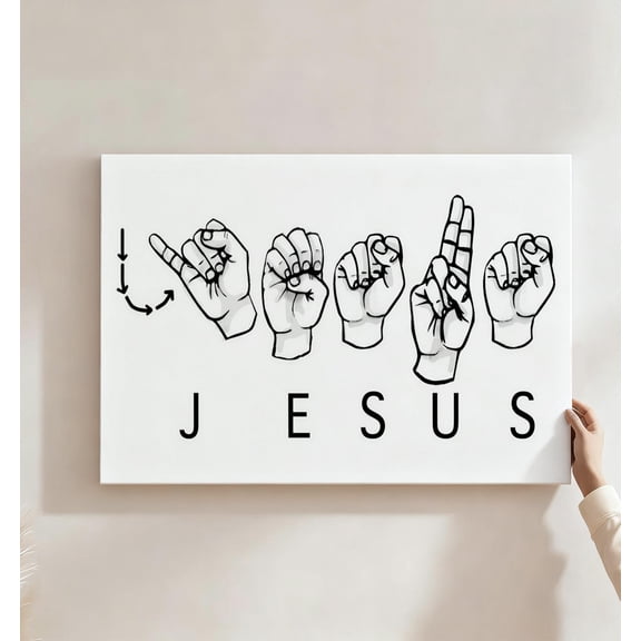 Jesus Sign Language Canvas Wall Art, Christian ASL Typography Decor, Black And White Religious Artwork For Prayer Room, Bedroom, Church, Inclusive Faith Gift, Ready To Hang