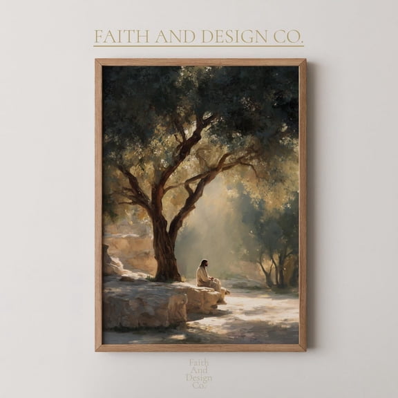 Jesus Sitting Under Olive Tree Print Peaceful Neutral Christian Wall Art Soft Painterly Fine Art Of Christ Modern Spiritual Home Decor Home Decor Vintage Gift