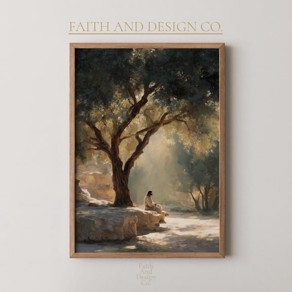 Jesus Sitting Under Olive Tree Print Peaceful Neutral Christian Wall Art, Soft Painterly Fine Art Of Christ, Modern Spiritual Home Decor UNFRAMED PAPER POSTER, Home Decor, Vintage Gift