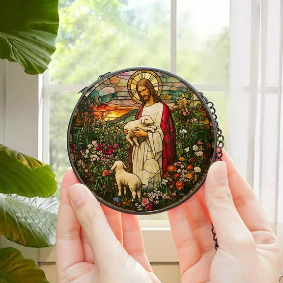 Jesus Stained Glass SunCatcher, Memorial Gift, Jesus With Lamb Landscape Glass Hanging, Jesus Suncatcher Hanging, Jesus Christ Decoration