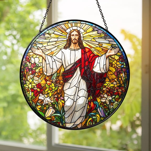 Jesus Stained Glass Suncatcher Christian Window Cross Ornament Window Hanging Home Decor