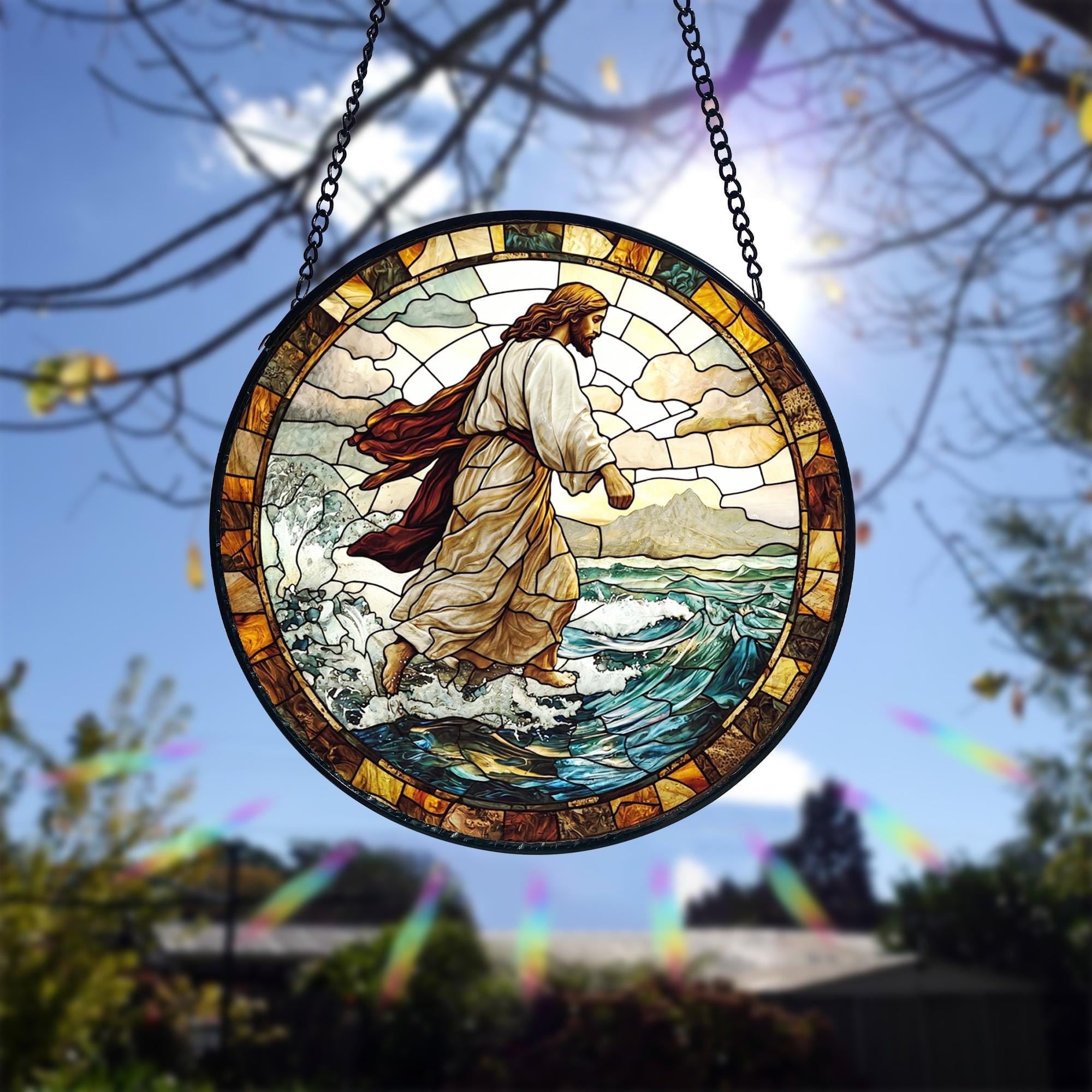 Glass Sun Scripture Jesus Stained Glass Suncatcher, Christian Window Hanging, Bible Verse ...