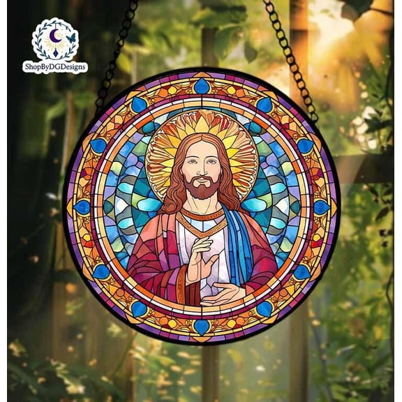 Jesus Stained Glass Suncatcher, Radiant Halo Religious Window Art, Christian Gift, Catholic Sun Catcher Ornament, Faith Home Decoration 4296975006