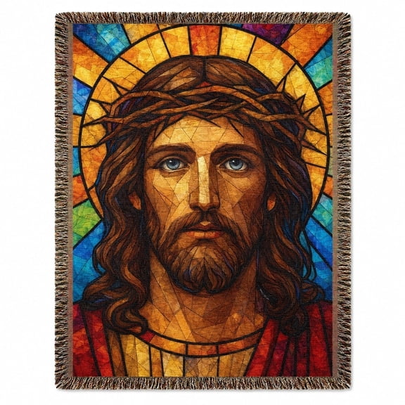 Jesus Stained Glass Woven Throw Blanket – 100% Cotton, Fringed Edges, Religious Home Decor Gift