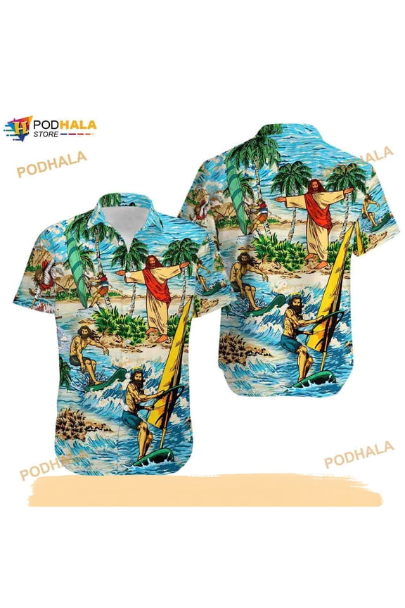 Jesus Surfing Summer Tropical Aloha Funny Hawaiian Shirt