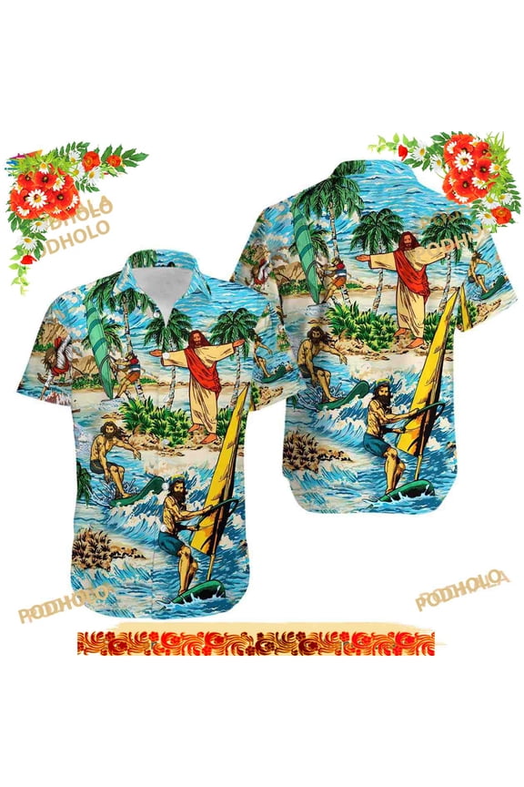 Jesus Surfing Summer Tropical Aloha Funny Hawaiian Shirt
