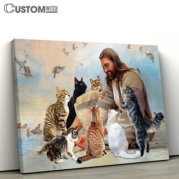 Jesus Surrounded By Cats Canvas Framed Wall Art Decor, Bible Verse Scripture Print, Inspirational Religious Wall Decor Gift