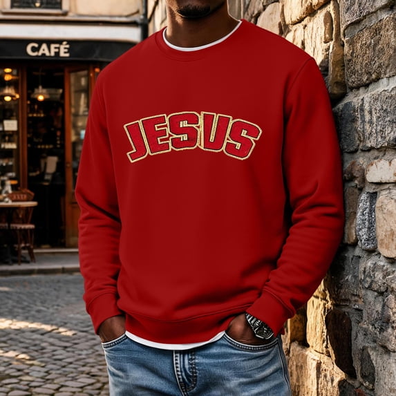 Jesus Sweatshirt for Men with Crew Neck Long Sleeves and Bold Letter Graphic Design for Loose Christian Casual Travel Wear