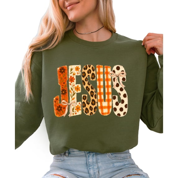 Jesus Sweatshirt for Women Fall Floral Leopard Faith Crewneck, Army Green Sweatshirt, XL