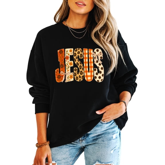 Jesus Sweatshirt for Women Fall Floral Leopard Faith Crewneck, Black Sweatshirt, M