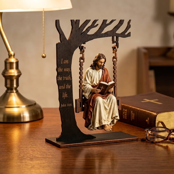 Jesus Swing Ornament, Wooden Tree Frame Scripture Swing Decor Jesus Reading Bible Tabletop Statue Halloween Believers Souvenir
