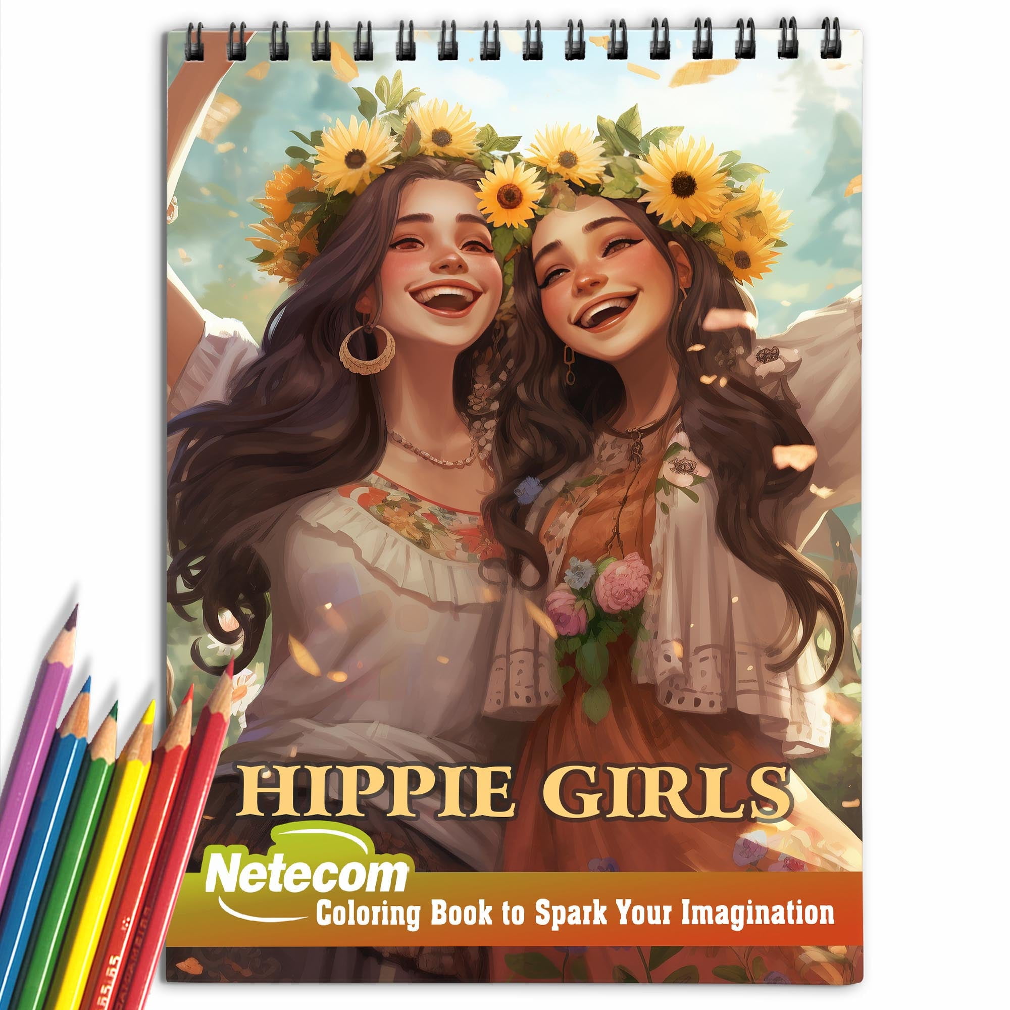 NETECOM Hippie Girls Spiral Bound Coloring Book, Unleash Your Creativity with 30 Whimsical Coloring Pages of Hippie Girls