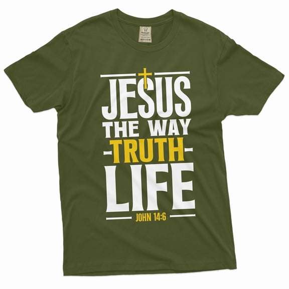 Jesus T-shirt Christian Jesus way truth life tee shirt Church tee shirt Mom grandma dad gift tee (Large Military Green)