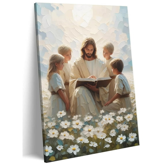Jesus Teaching Children Wall Art Jesus with Kids Canvas Wall Decor Daisy Plant Christian Nursery Posters Lessons of Love Pictures Religious Faith Painting Prints for Kids Room Bedroom Church Framed