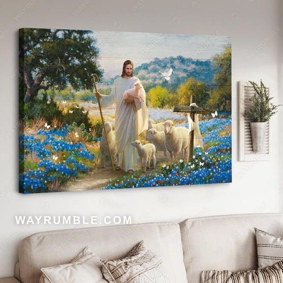 Jesus The Good Shepherd Lambs Of God Blue Flowers Christian Poster, 8x12 UNFRAMED