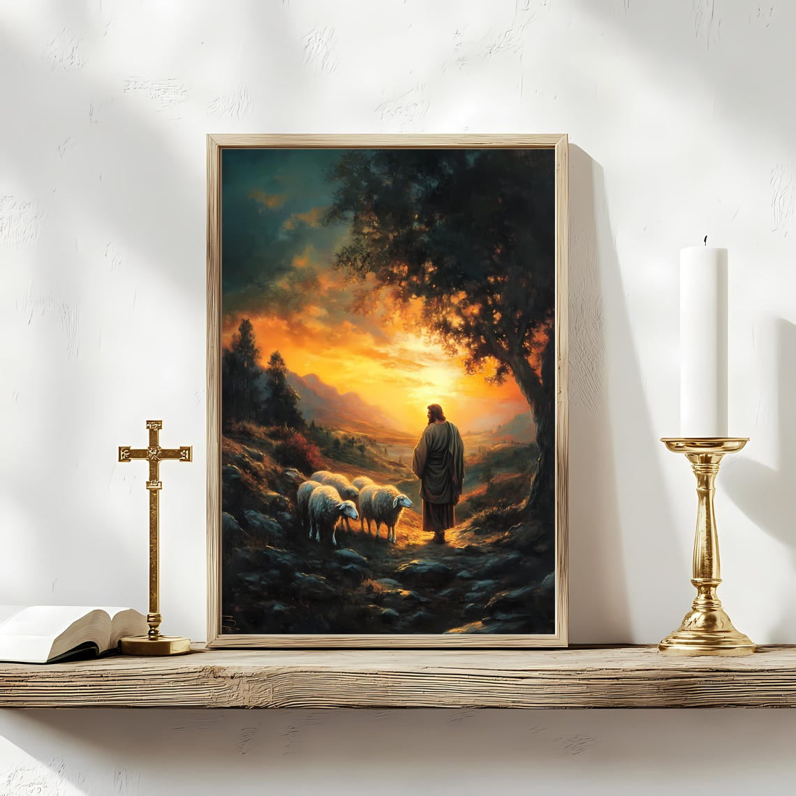 Jesus The Good Shepherd Sunset Christian Art Print Peaceful Bible