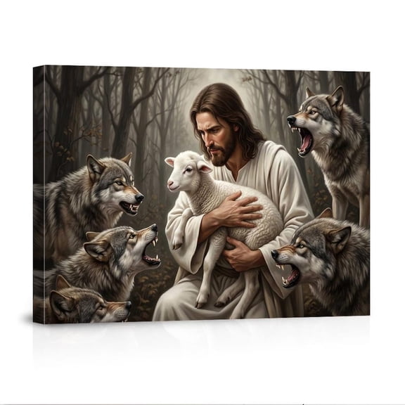 Jesus The Good Shepherd Wolf Lamb Religious Christian For Faith-Based Home Canvas