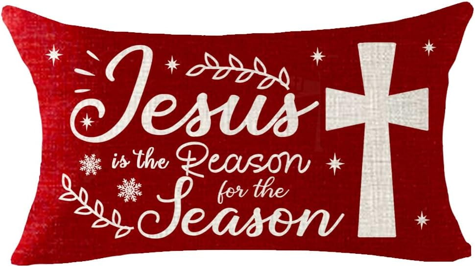 NIDITW 'Jesus Is The Reason' Cross Winter Linen Pillow Cover - 12x20 Inches, Farmhouse Decor (Cream Back)