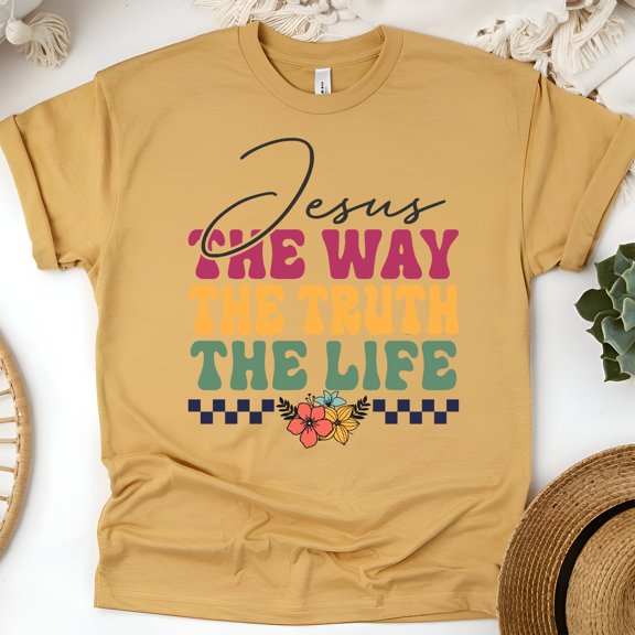 Jesus The Way The Truth The Life Christian T-Shirt Faith Graphic Tee, Gold, Size 2XL