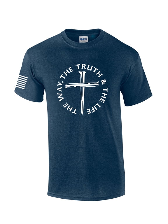 Jesus The Way The Truth The Life John 14:6 Scripture Nail Cross Shirt Jesus Mens Christian Short Sleeve T-Shirt Graphic Tee-Heather Navy-large