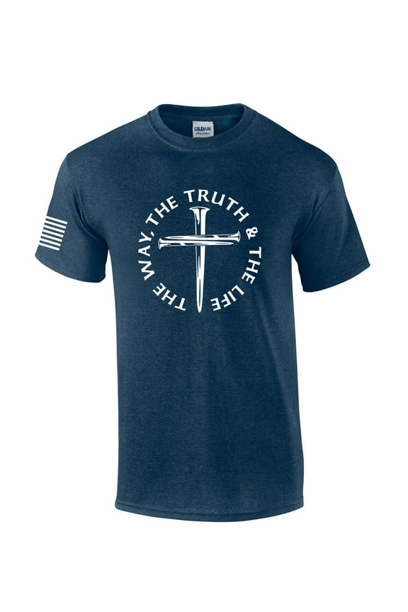 Jesus The Way The Truth The Life John 14:6 Scripture Nail Cross Shirt Jesus Mens Christian Short Sleeve T-Shirt Graphic Tee-Heather Navy-xl