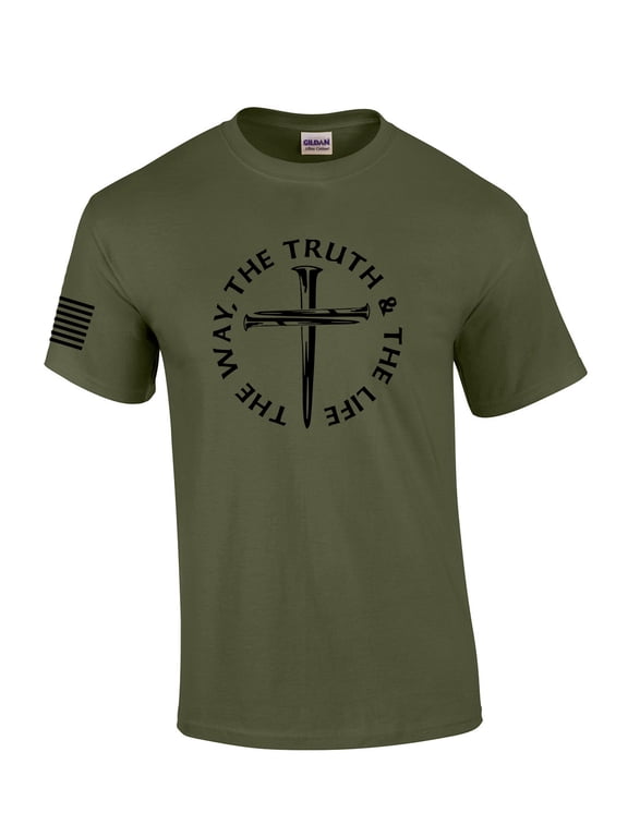 Jesus The Way The Truth The Life John 14:6 Scripture Nail Cross Shirt Jesus Mens Christian Short Sleeve T-Shirt Graphic Tee-Military Green-small