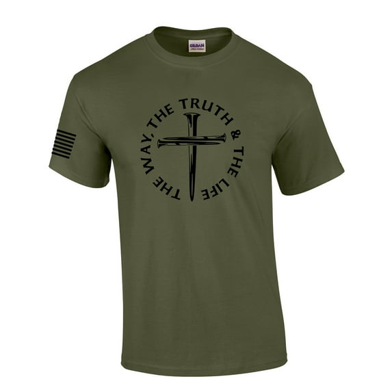 Jesus The Way The Truth The Life John 14:6 Scripture Nail Cross Shirt Jesus Mens Christian Short Sleeve T-Shirt Graphic Tee-Military Green-xxxl