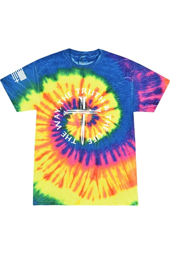 Jesus The Way The Truth The Life John 14:6 Scripture Nail Cross Shirt Jesus Mens Christian Short Sleeve T-Shirt Graphic Tee-Neon Rainbow Tie Dye-xxl