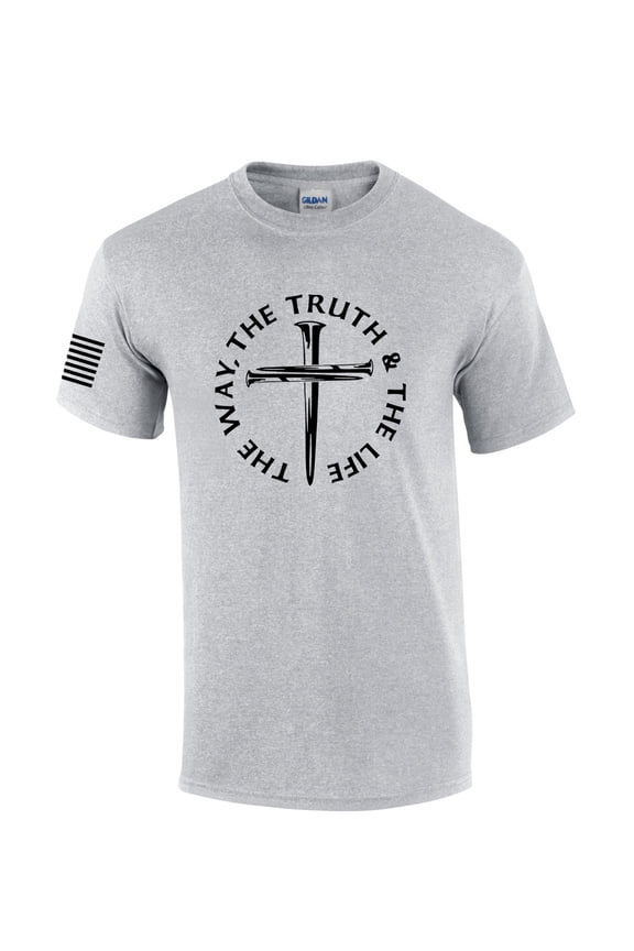 Jesus The Way The Truth The Life John 14:6 Scripture Nail Cross Shirt Jesus Mens Christian Short Sleeve T-Shirt Graphic Tee-Sports Grey-xl