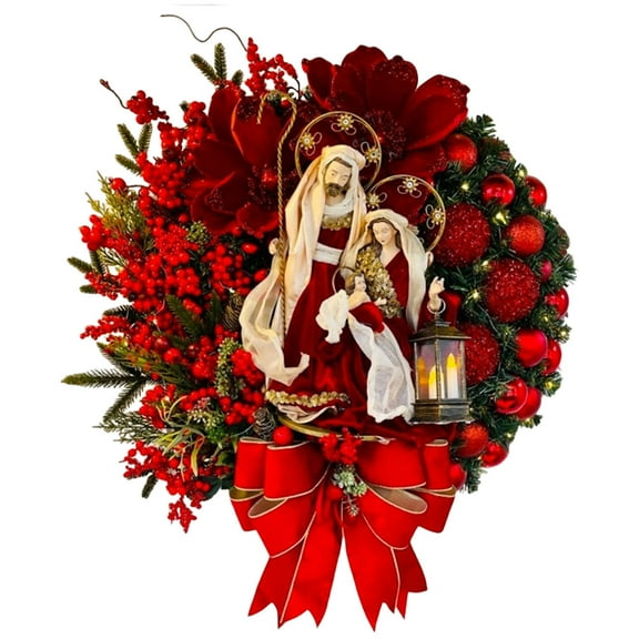 Jesus Themed Flower Wreath, Religious Decor For Christmas Easter, Artificial Blooms, For Door Wall Cross