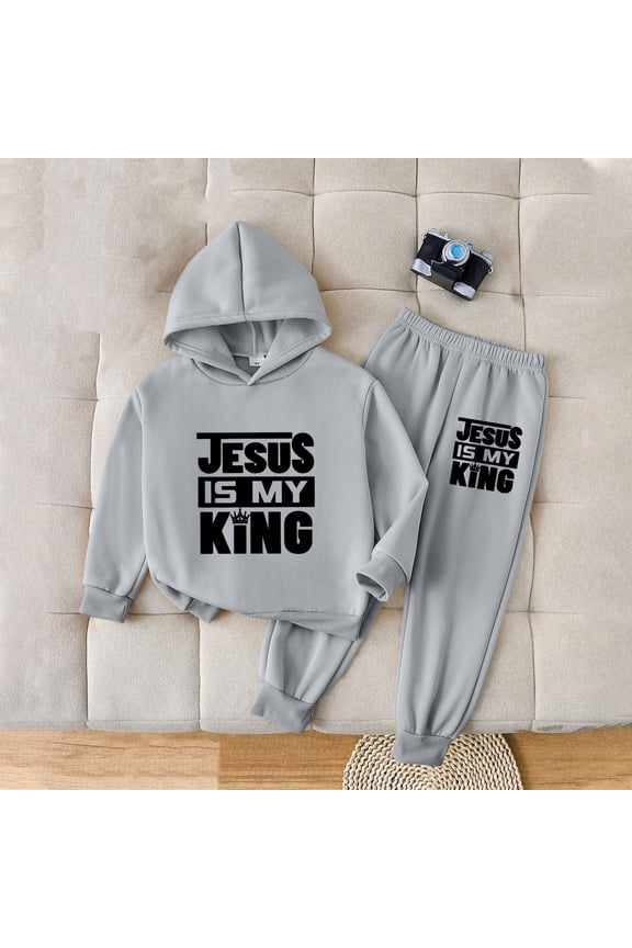 Jesus Themed Unisex Kids 100% Cotton 2-Piece Hoodie & Jogger Set - Faith-Based Everyday Outfit for 2-8 Years, Gray,Size 7-8 T