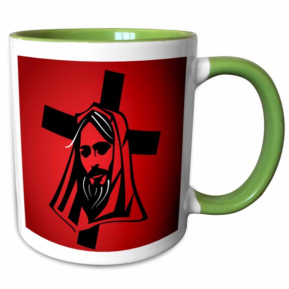 3drose, Jesus Vector Graphic Black on Red Background, 11oz Two-tone Green Mug