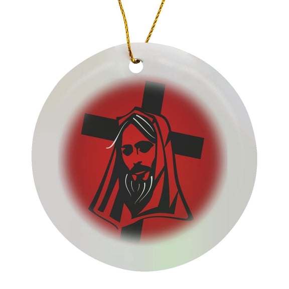 3drose, Jesus Vector Graphic Black on Red Background, Circle Porcelain Ornament