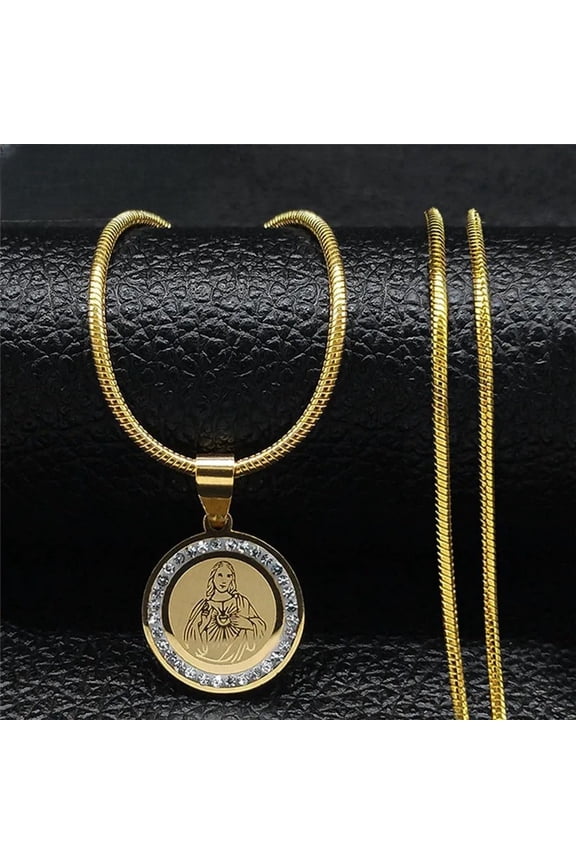 Jesus Virgin Mary Cross Pray Small Crystal Choker Necklace 14K Yellow Gold Catholic Jesus Necklaces Snake Chain Jewelry