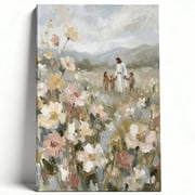 Jesus Walking with Children in Flower Field Impressionist Canvas Wall Art - Pastoral Christian Blessing Painting for Nursery, Living Room, or Sunday School Decor 8*12