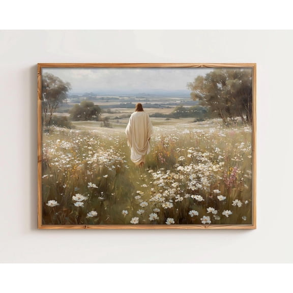 Jesus Walking In A Field Of White Wildflowers Looking For The Lost Sheep Art, Jesus Leaves The 99, Christian Art, UNFRAMED