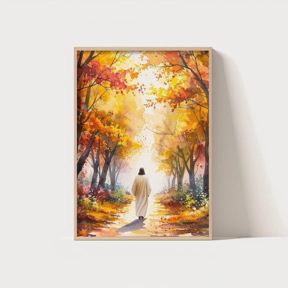 Jesus Walking In Autumn Forest Christian Wall Art Fall Landscape With Christ Faith Home Decor Unframed Paper Print