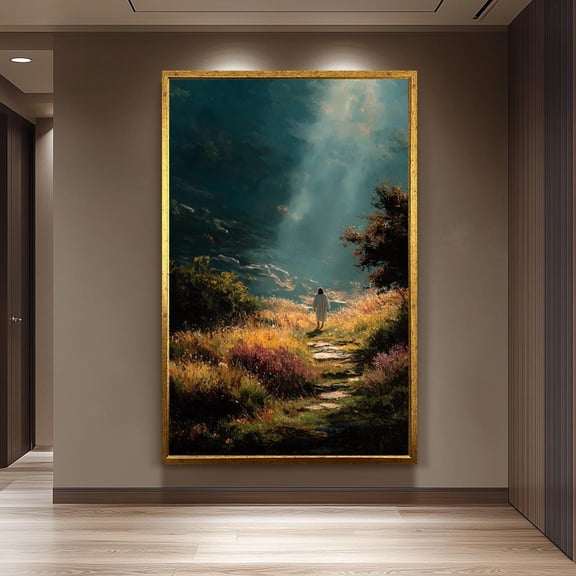 Jesus Walking In Nature Print Peaceful Christian Wall Art With Sunlight Rays Spiritual Landscape Home Decor Unframed Paper Print